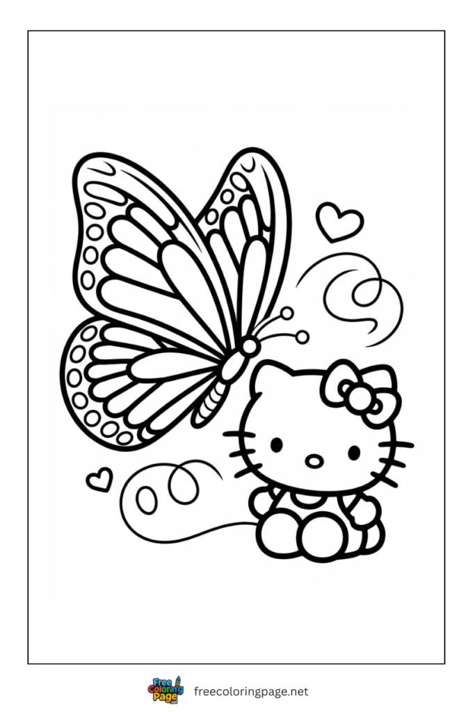 coloring page of butterfly and hello kitty