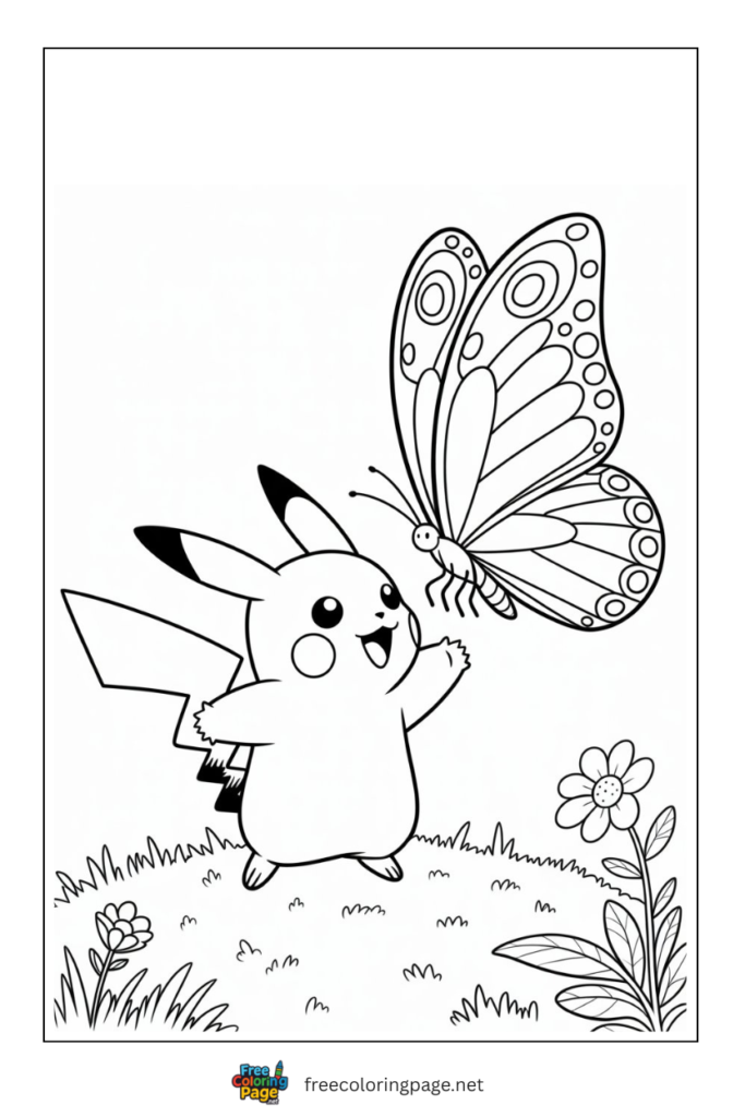 coloring page of butterfly playing with pikachu