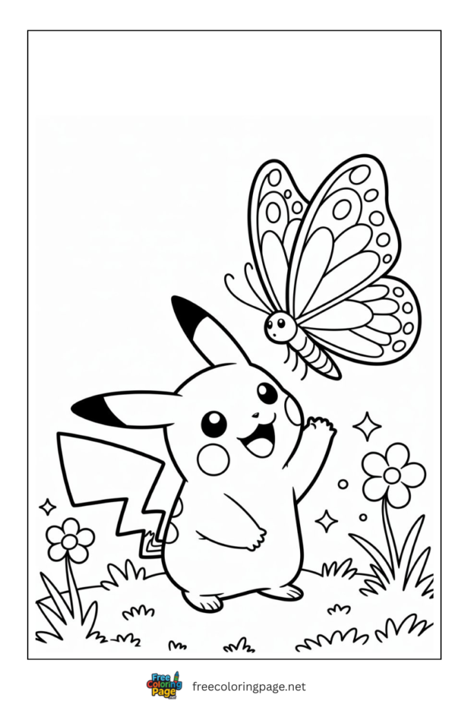 coloring page of butterfly and pikachu