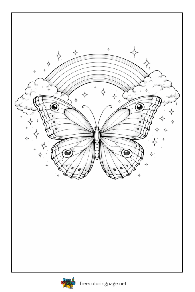 coloring page of butterfly and rainbow