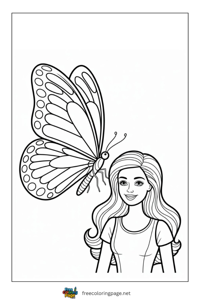 coloring page of butterfly sitting on barbie hair