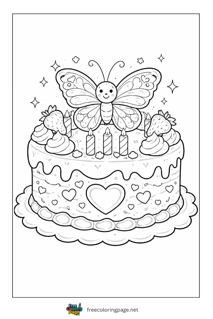 coloring page of butterfly birthday cake