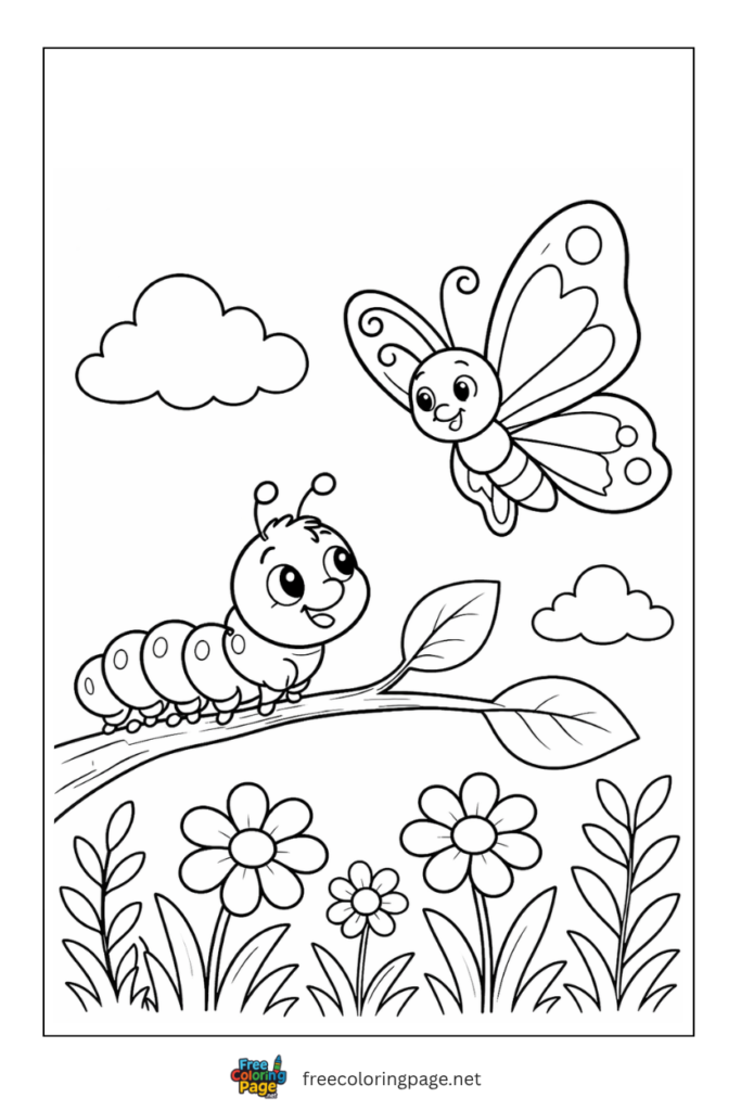 coloring page of butterfly and caterpillar on branch