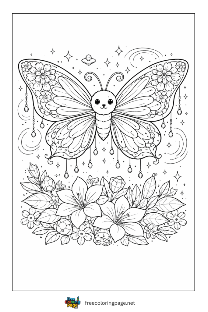 coloring page of fantasy butterfly with flowers