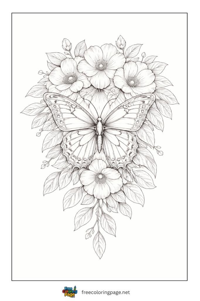 coloring page of 3D butterfly and flowers 