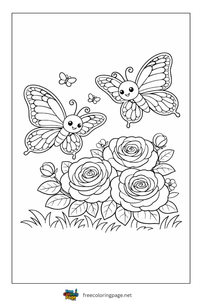 coloring page of butterfly on roses garden