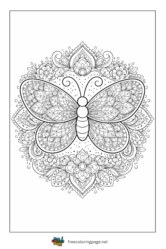 coloring page of butterfly intricate mandala