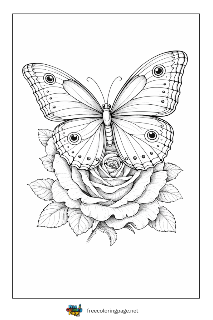 coloring page of butterfly on realistic rose