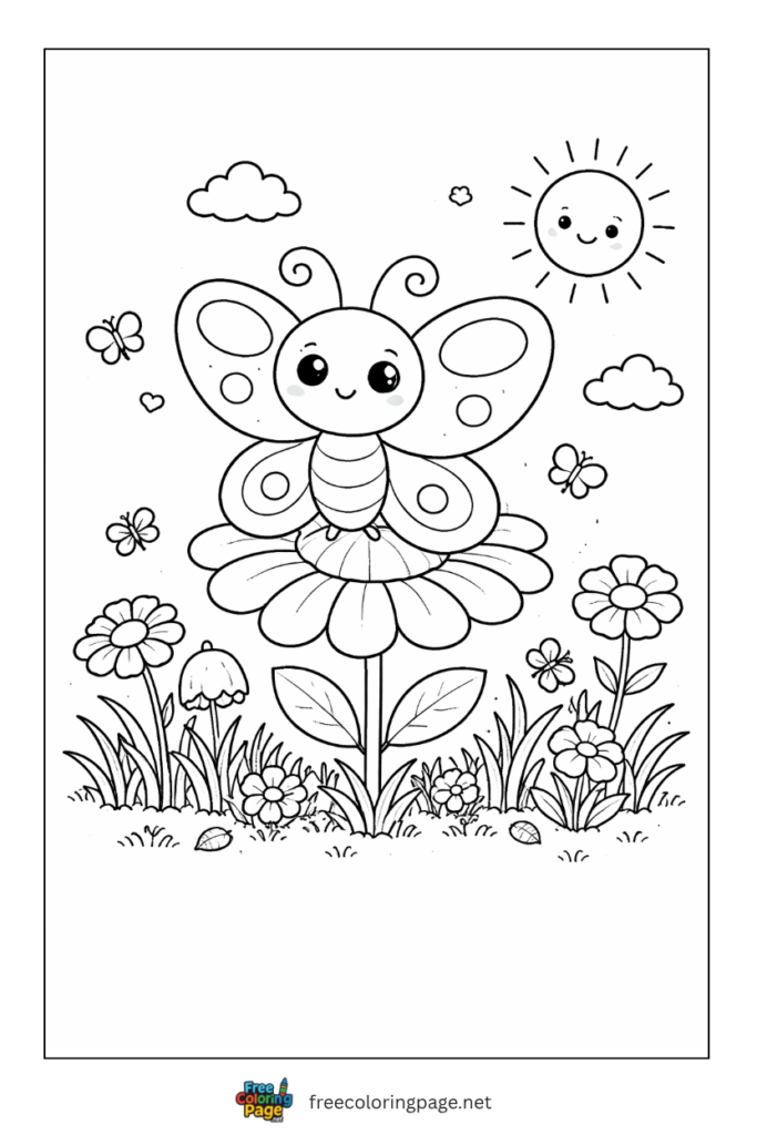 coloring page of butterfly sitting on flower