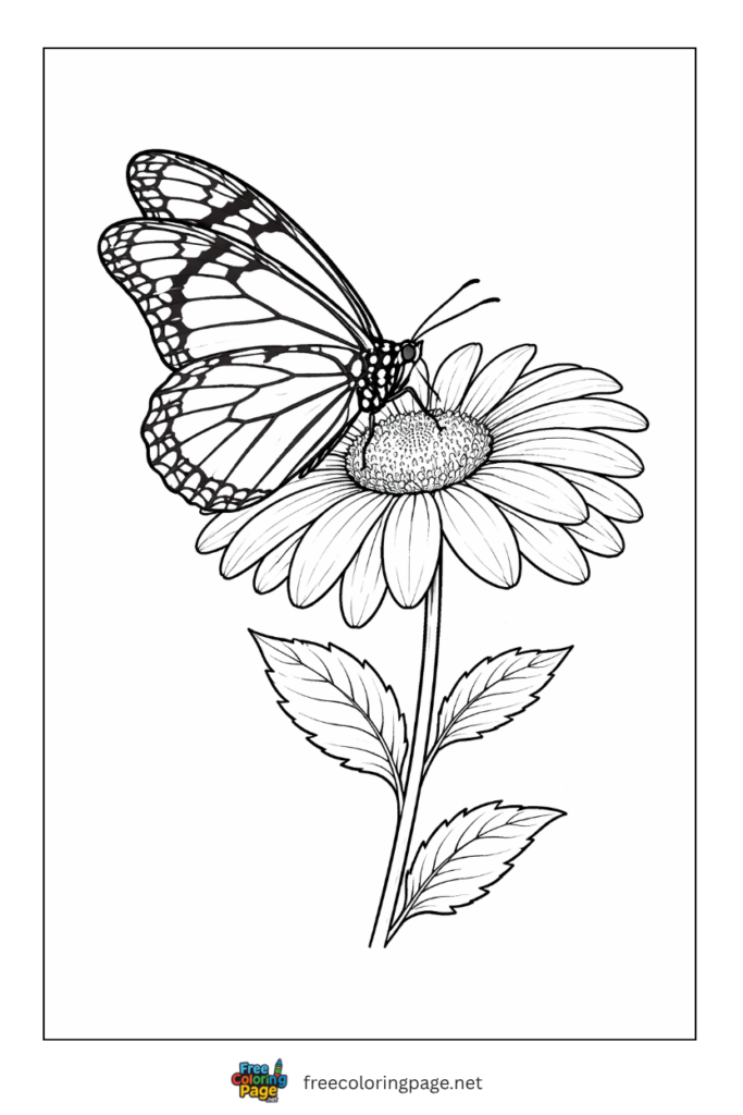 coloring page of butterfly sitting on flower