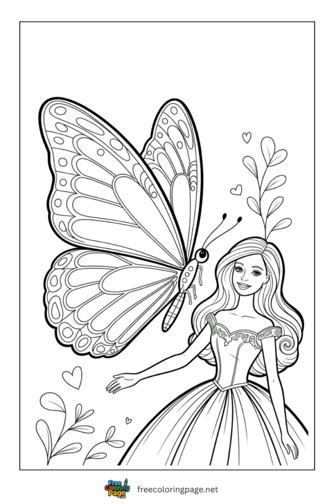 coloring page of butterfly and barbie