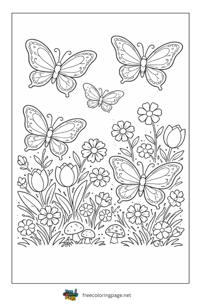 coloring page of butterflies and flowers 