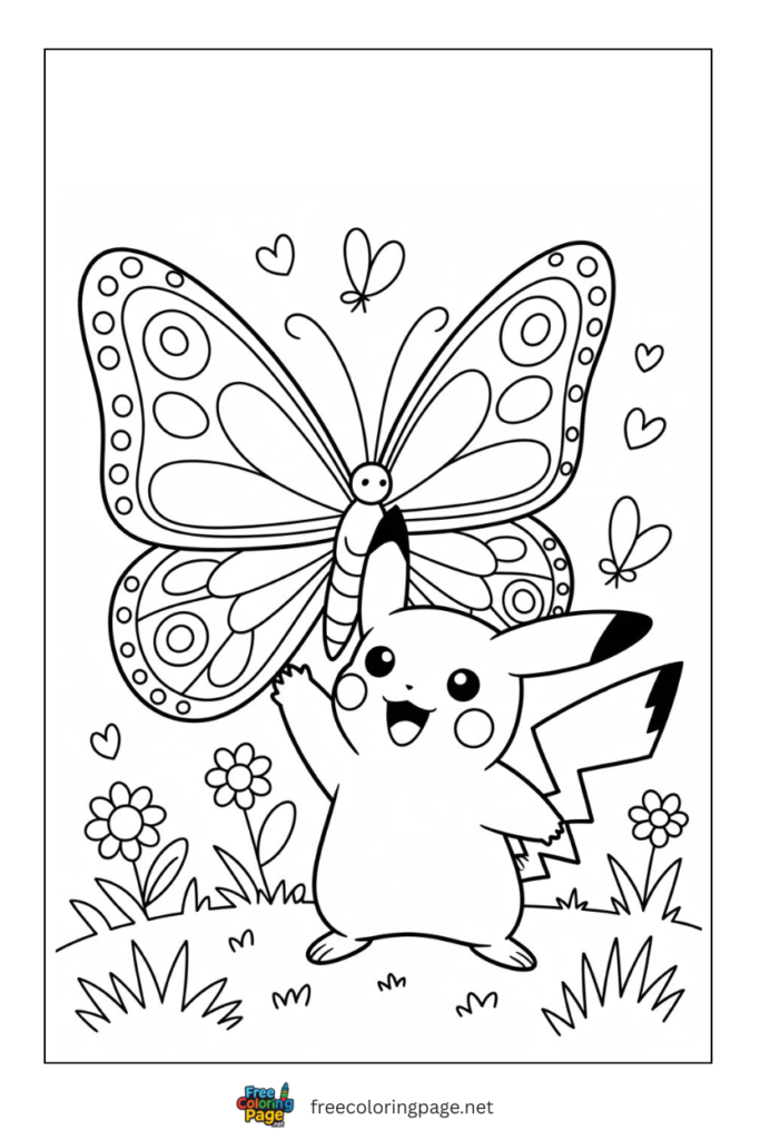 coloring page of butterfly on pikachu