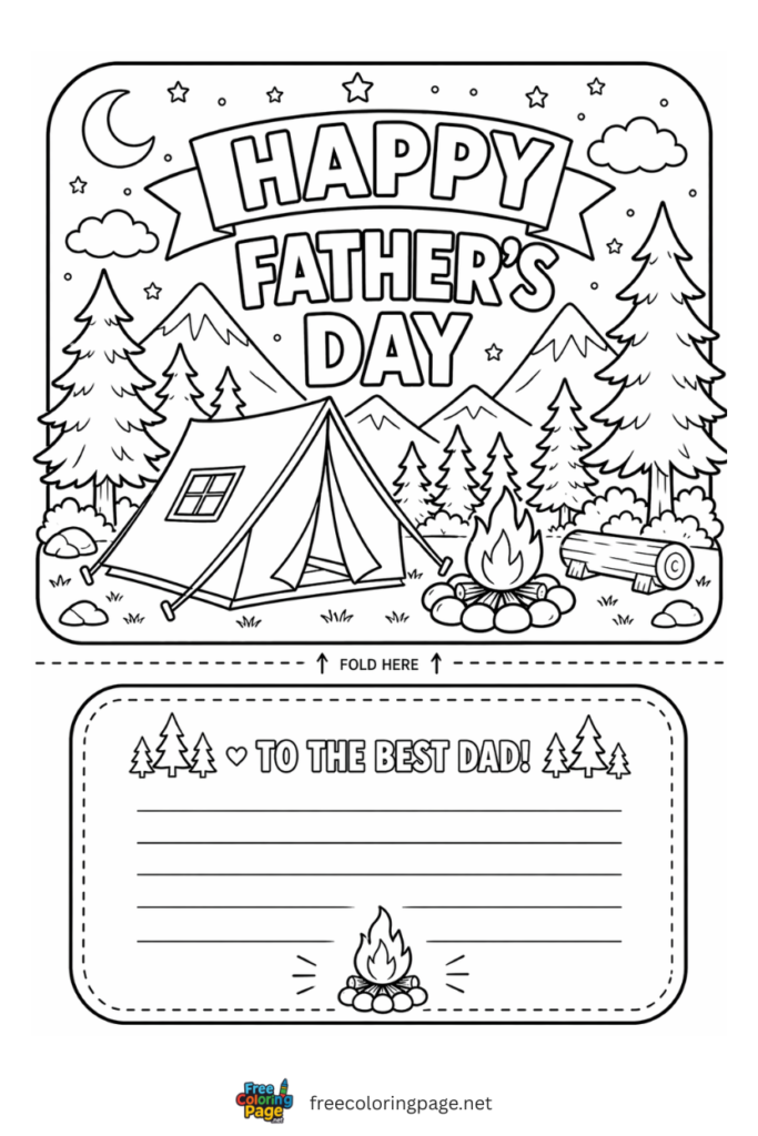 coloring page of happy father's day card camping theme