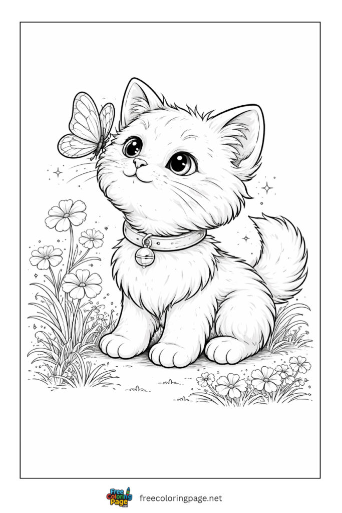 coloring page of butterfly with cute cat
