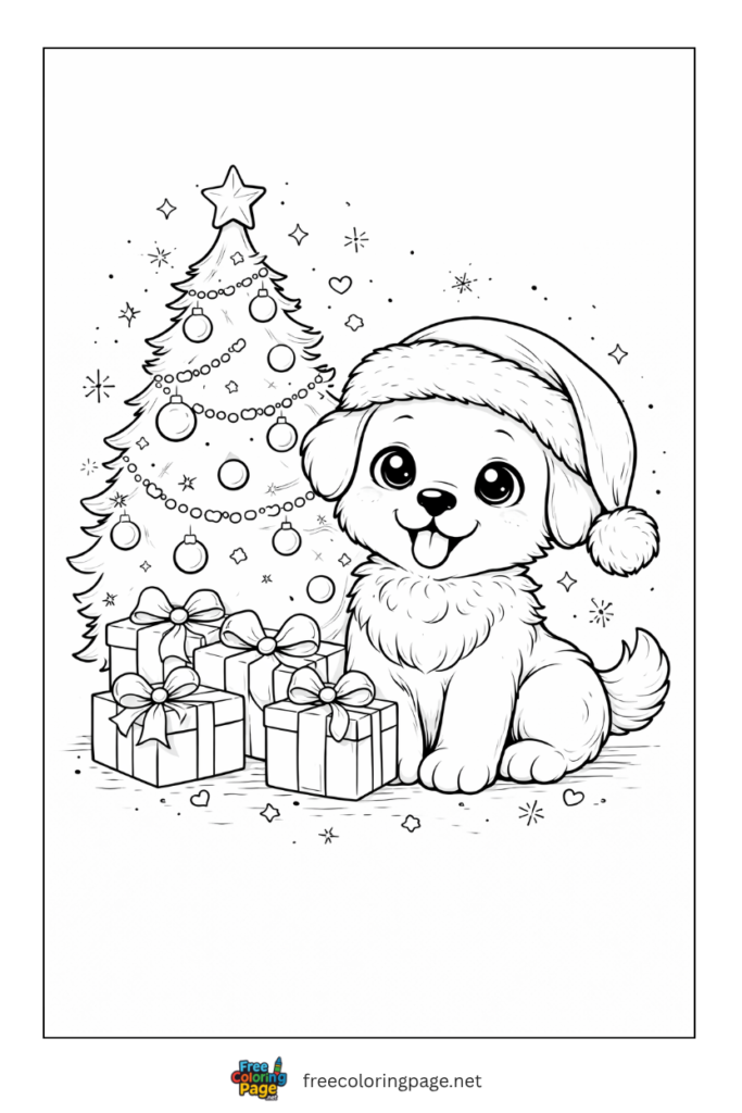 coloring page of puppy celebrating christmas