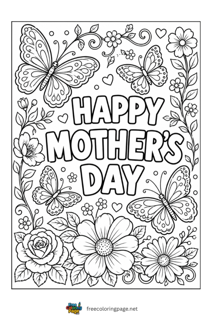 coloring page of mother day flower and butterflies