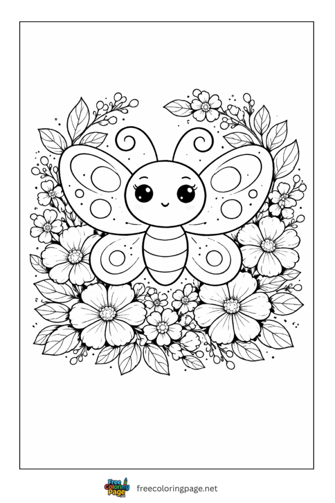 coloring page of flowers and butterlfy
