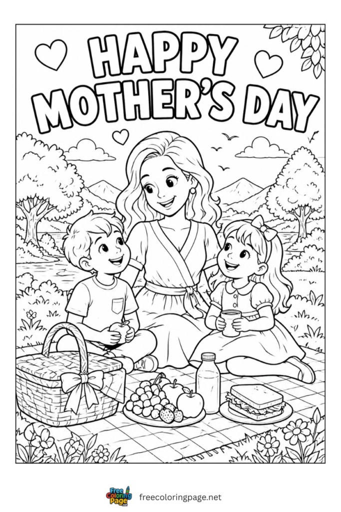coloring page of mother's day picnic