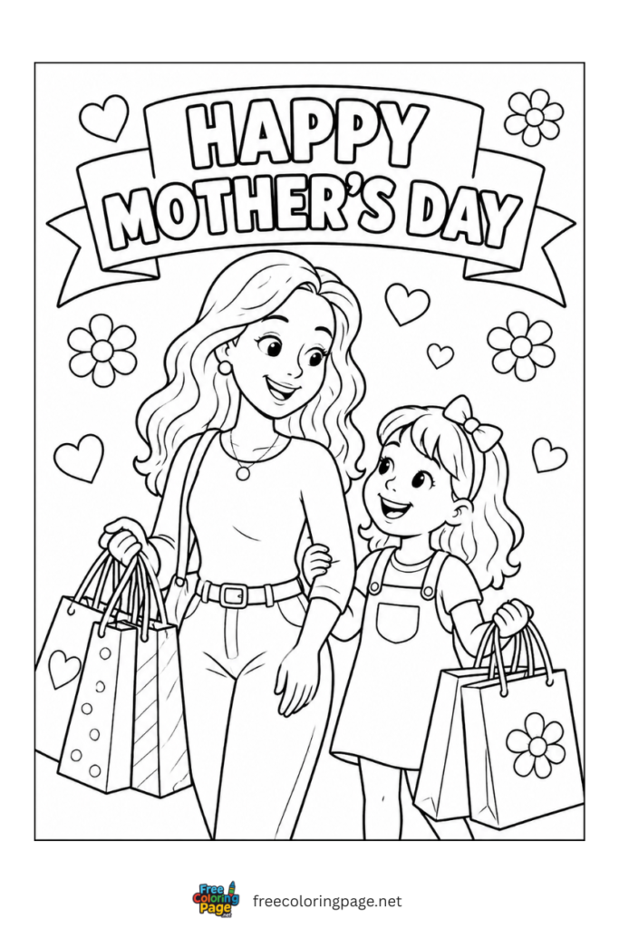 coloring page of mother's day shopping with mom