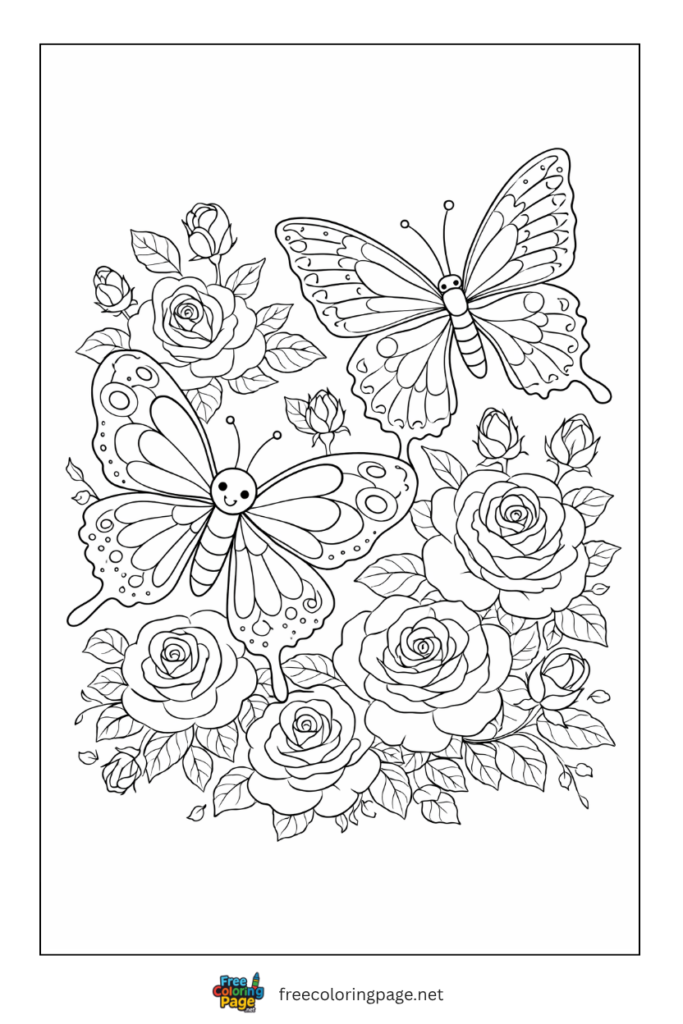coloring page of butterflies and roses