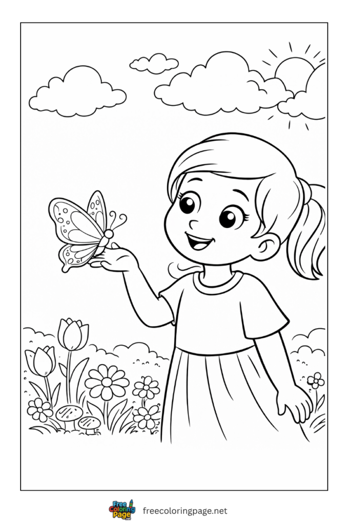 coloring page of girl with butterfly