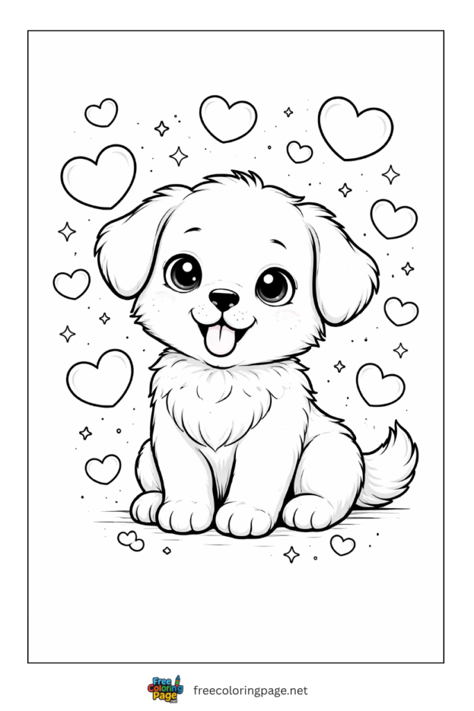 coloring page of happy puppy with hearts
