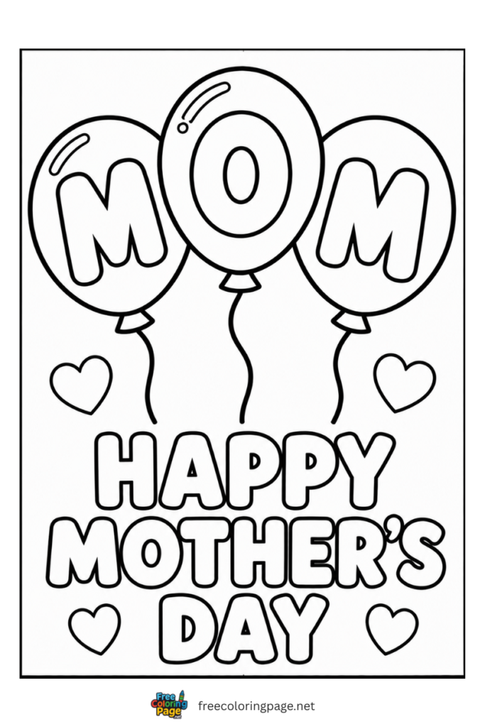 coloring page of happy mother's day with balloons