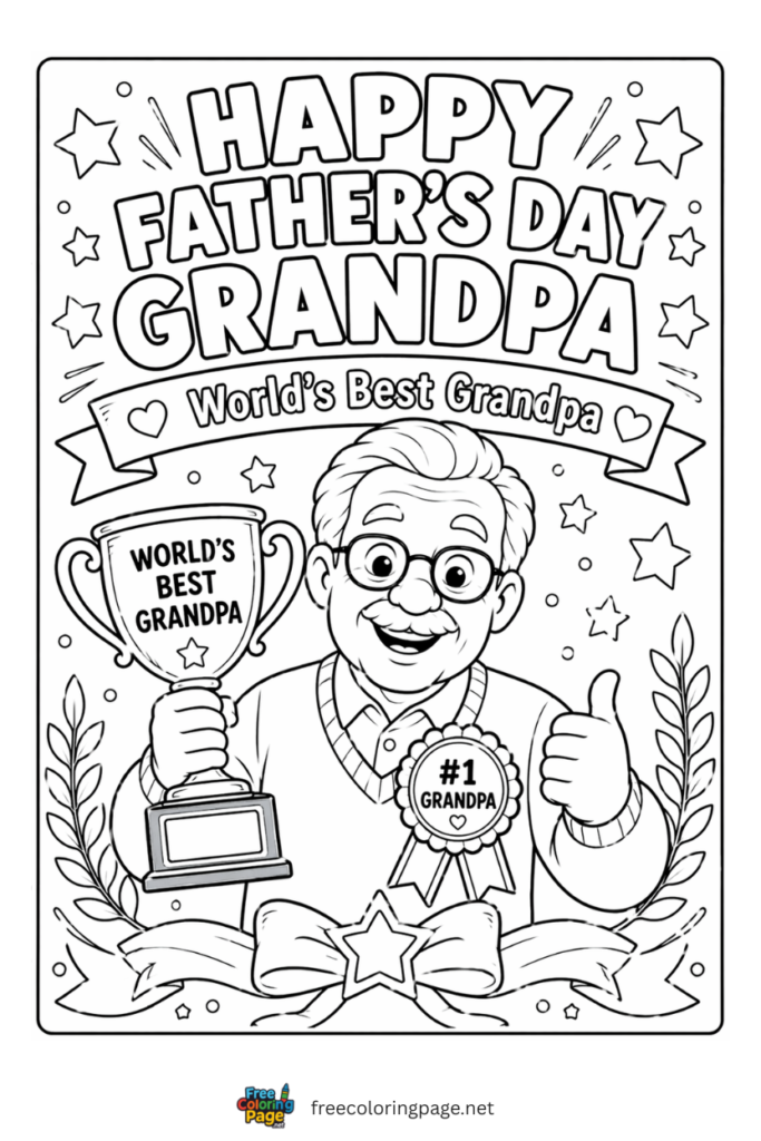 coloring page of happy father's day grandpa winning trophy