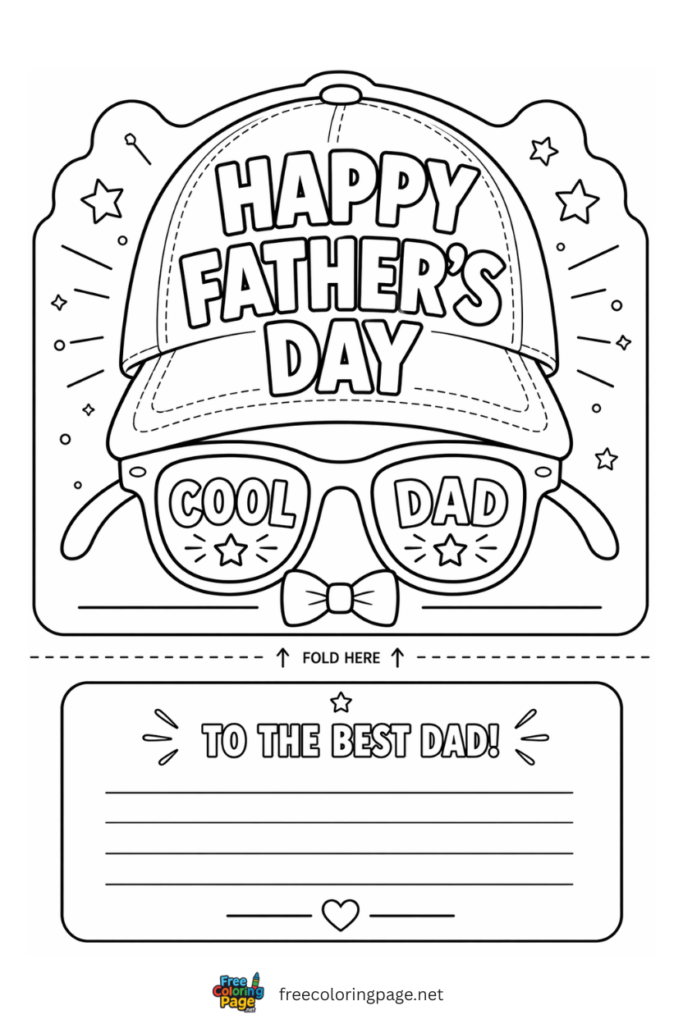 coloring page of happy father's day card cap and glasses