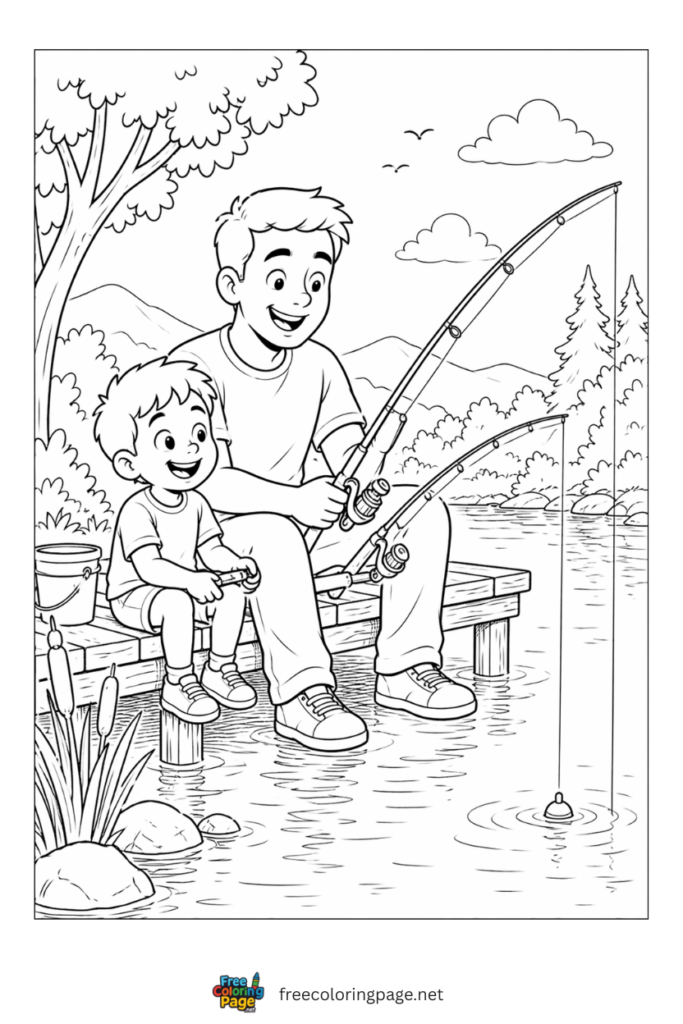 coloring page of father's day dad and son fishing