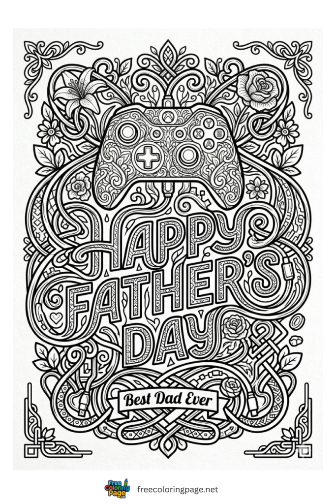 coloring page of happy father's day intricate gamming theme