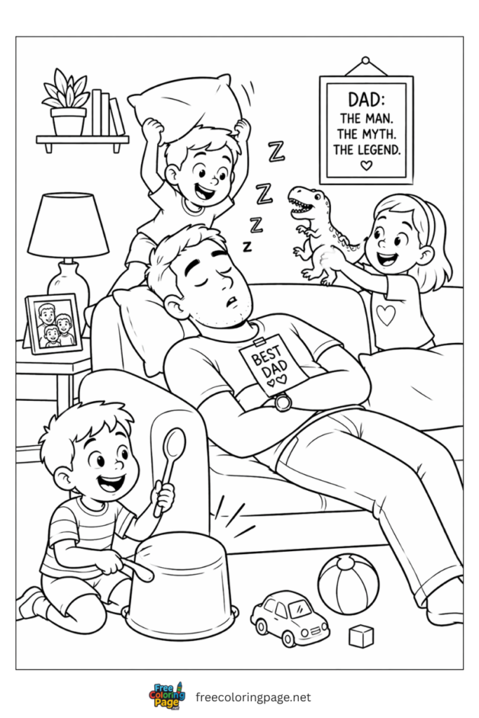 coloring page of father's day dad and kids fun