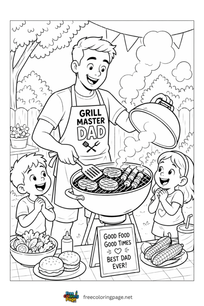 coloring page of father's day doing BrBQ