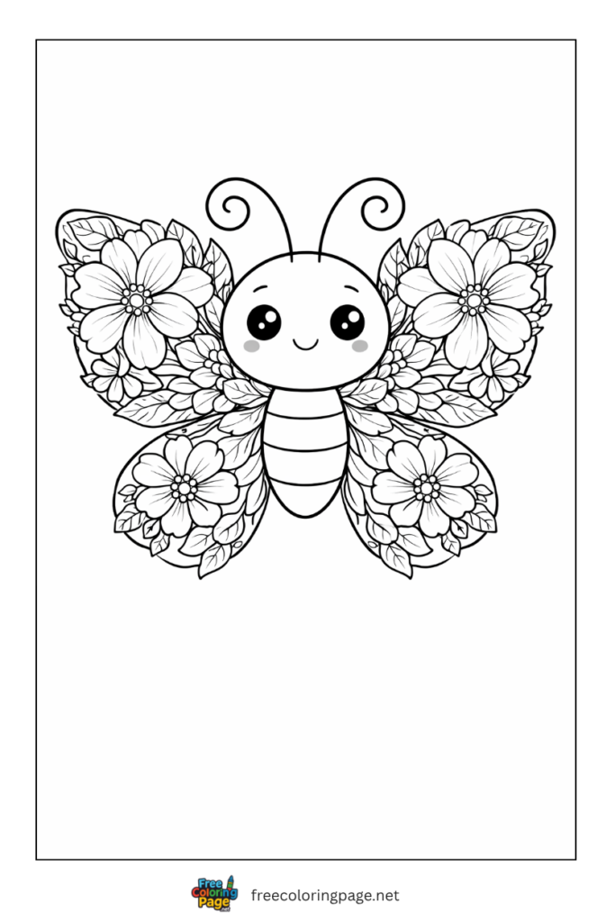 coloring page of butterfly with floral wings