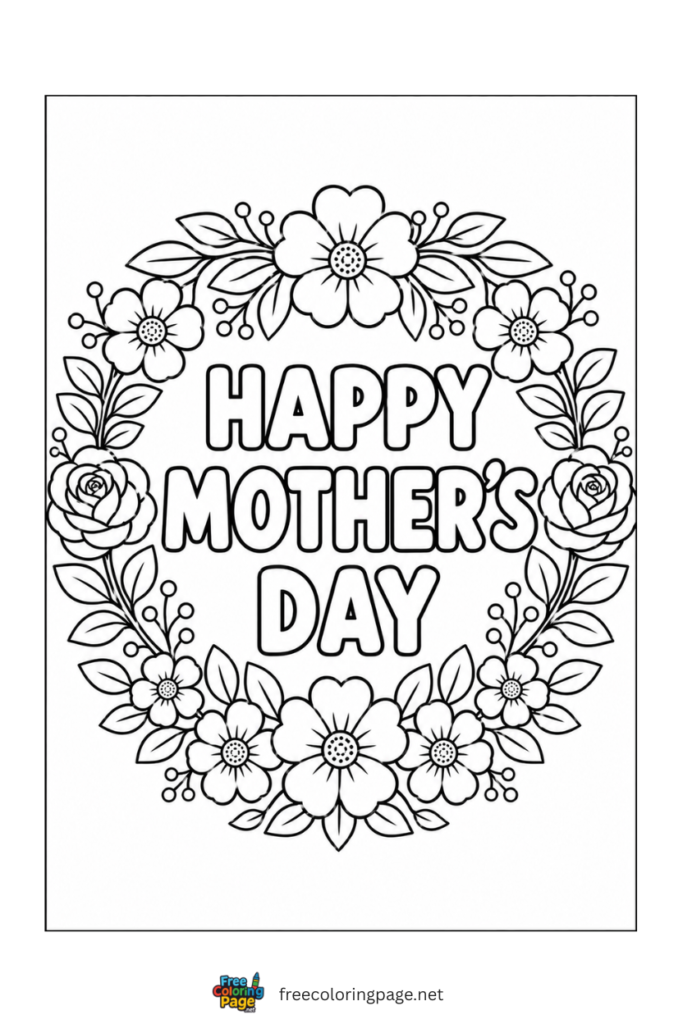 coloring page of happy mother's day flower wreath