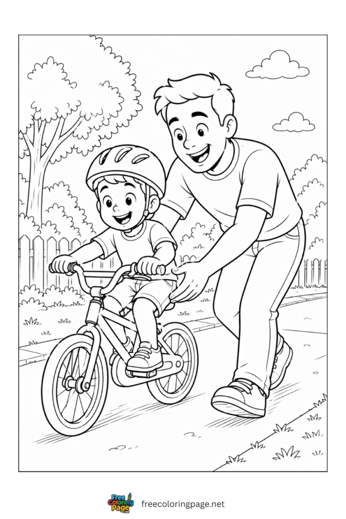 coloring page of father's day teaching cycling to kid