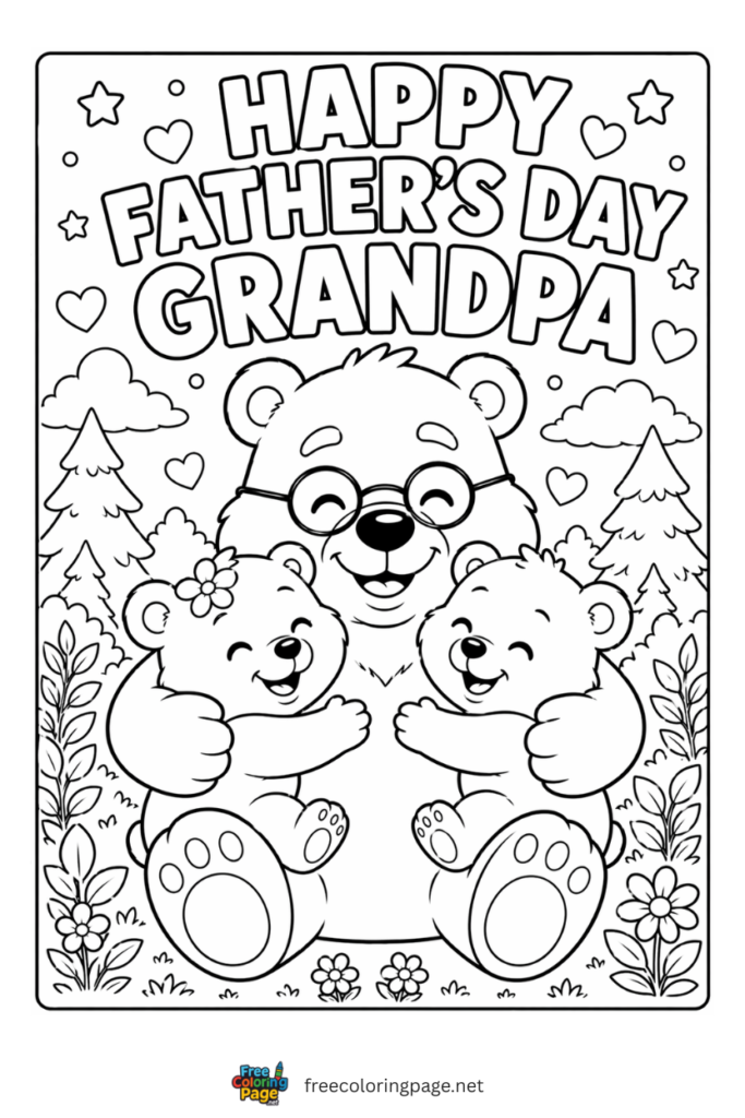 coloring page of happy father's day bear grandpa and family
