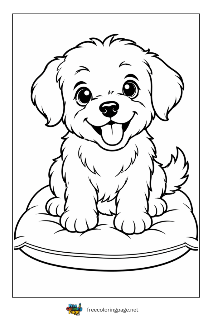 coloring page of puppy sitting on cushion