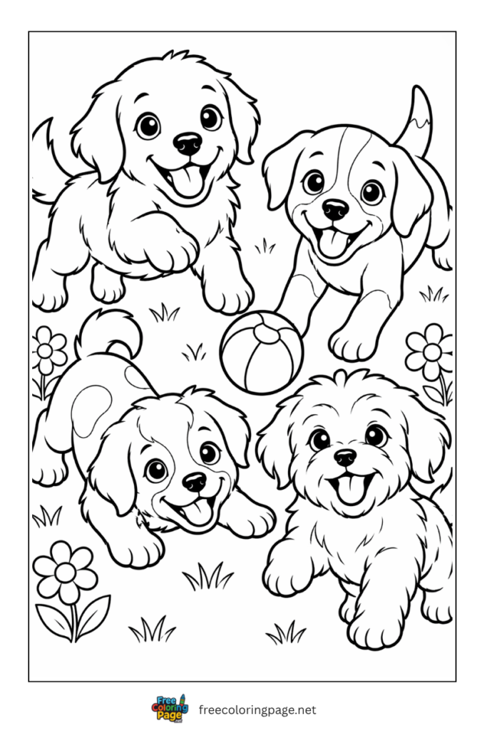 coloring page of puppies playing in garden