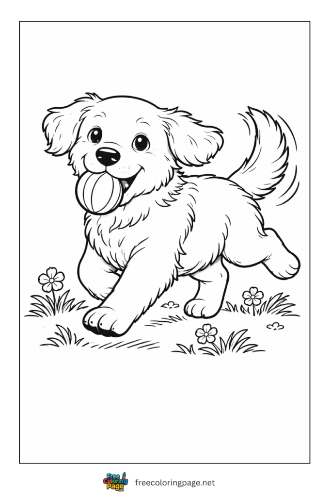 coloring page of golden retriever puppy running with ball