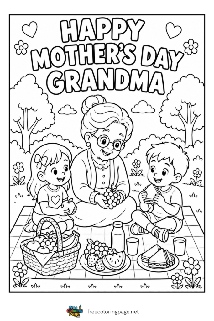coloring page of mother's day picnic with grandma 
