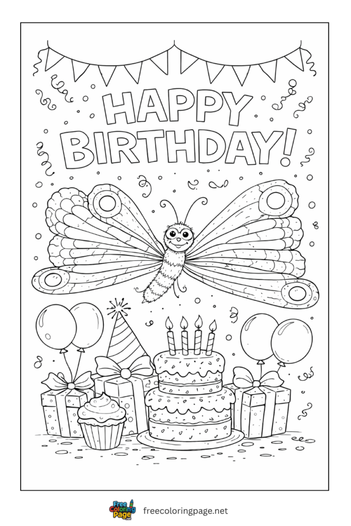 coloring page of happy birthday butterfly