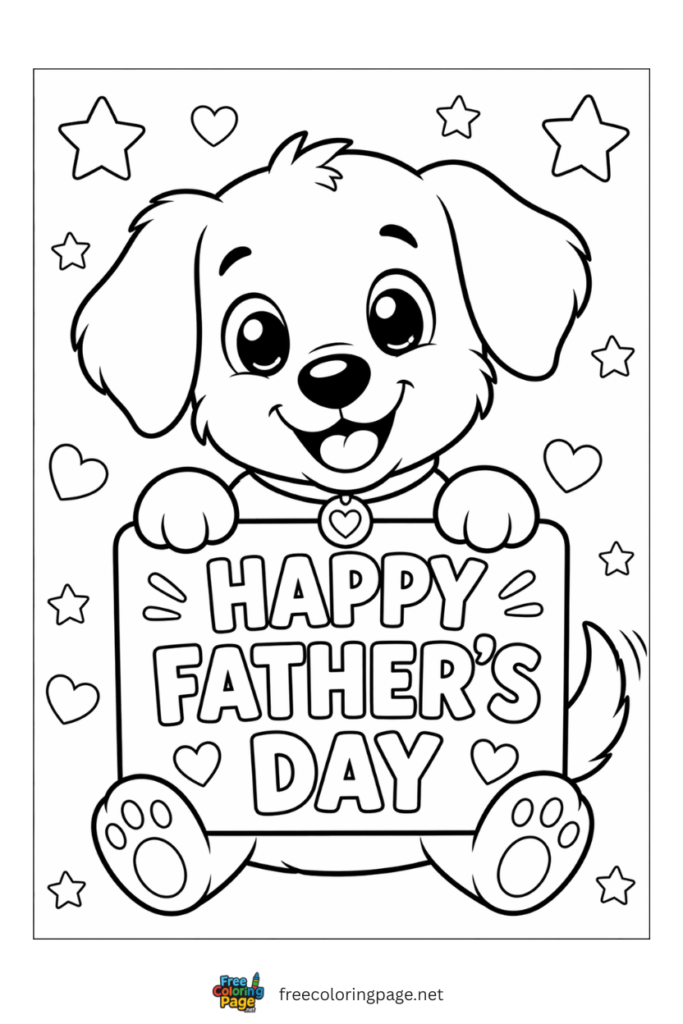 coloring page of puppy holding card happy father's day 