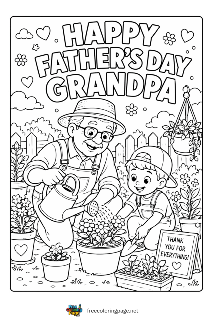coloring page of happy father's day grandpa gardening theme