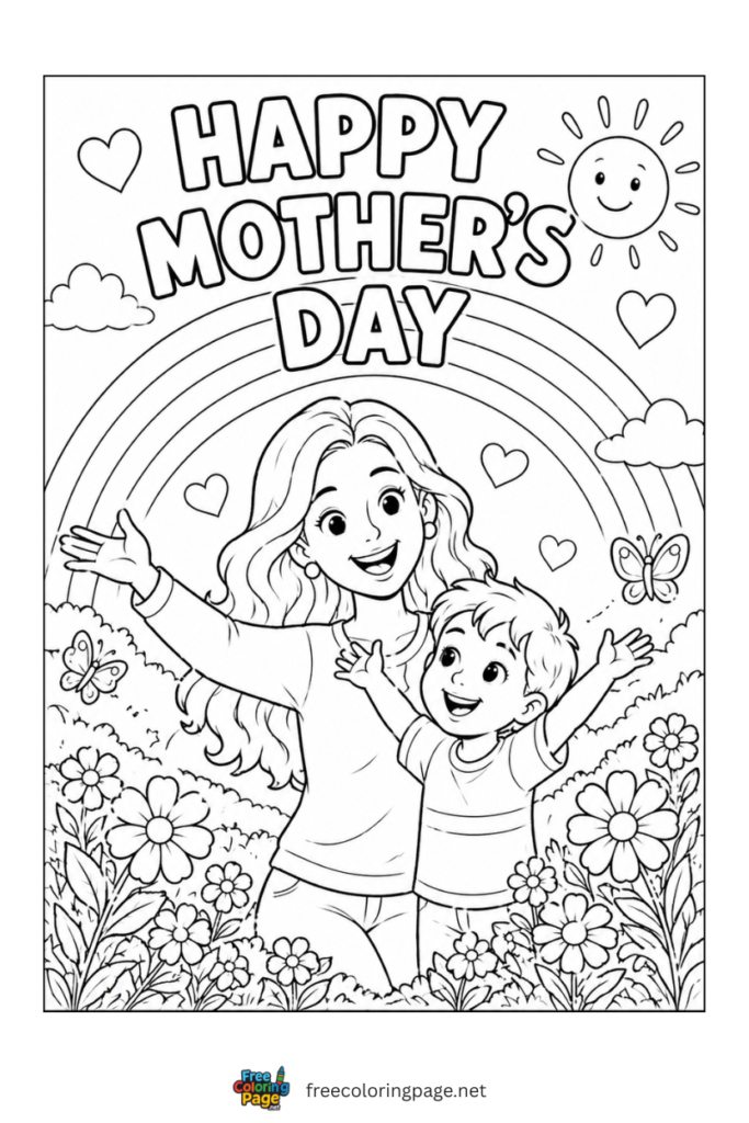 coloring page of mother's day fun in spring garden