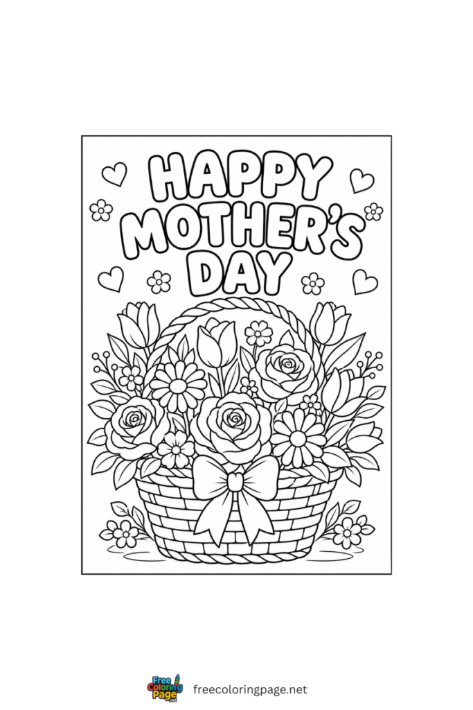 coloring page of happy mother's day flower basket