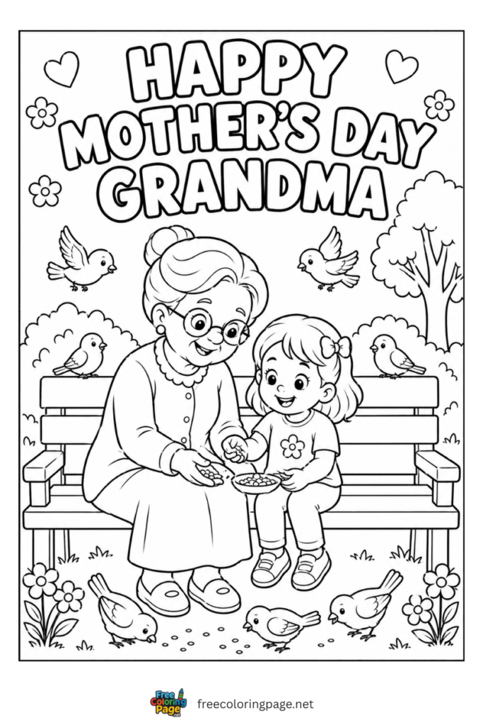 coloring page of mother's day grandma feeding birds