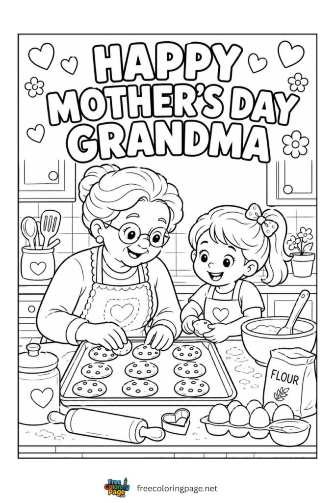 coloring page of mother's day baking with grandma