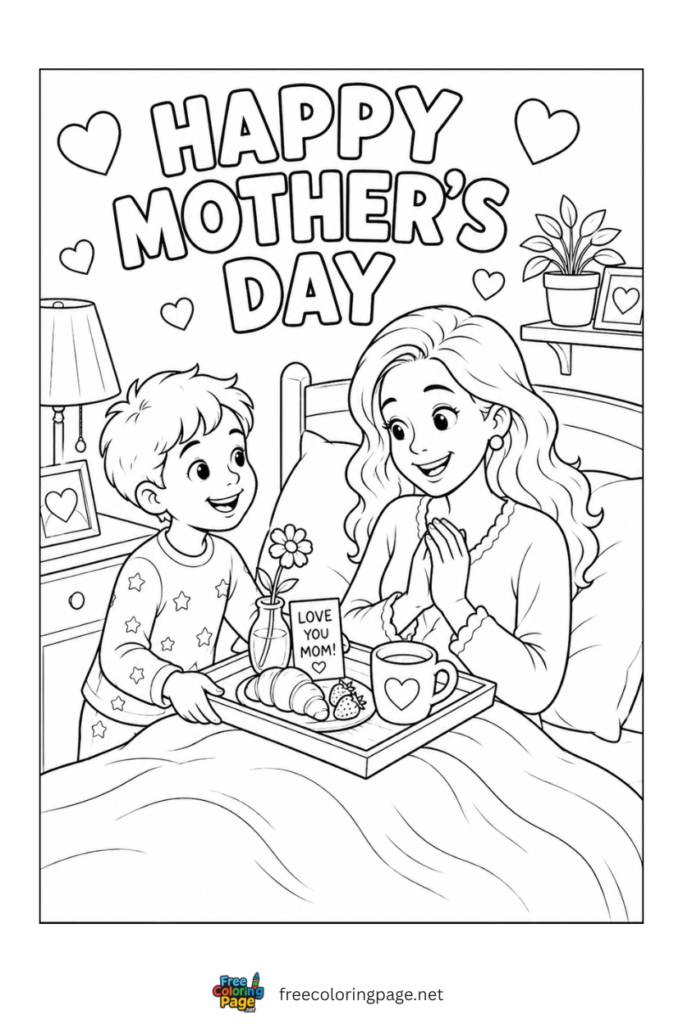 coloring page of mother's day serving breakfast to mom